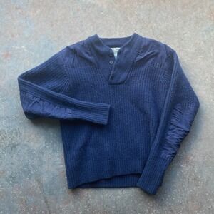 LL Bean Mens Merino Wool Commando Shrunk Button Neck Sweater Navy S Elbow Patch